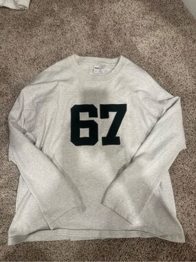 Aritzia Light Heather Gray Sweatshirt with green '67' Appliqué